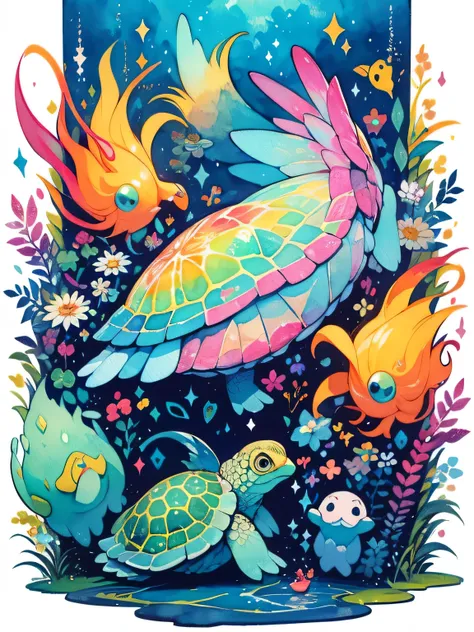  Legendary Creatures、(1 large rainbow-colored sea turtle),deep sea,Beautiful sparkle、Slime-like creatures, shining, transparent gels, coming out of sealed wells, the essence of magic, nohumans, magic circles, rainbow magic、like a painting、watercolor画風, The...