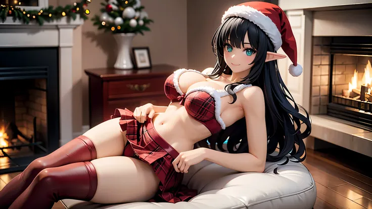 detailed image, realistic image, 1 elf, has very long black hair, wavy, turquoise eyes, smiling. She has a curvy body, medium breasts, slim waist, wide hips, thick thighs. She is dressed in a red Christmas bra, Christmas hat, pleated mini skirt with Christ...