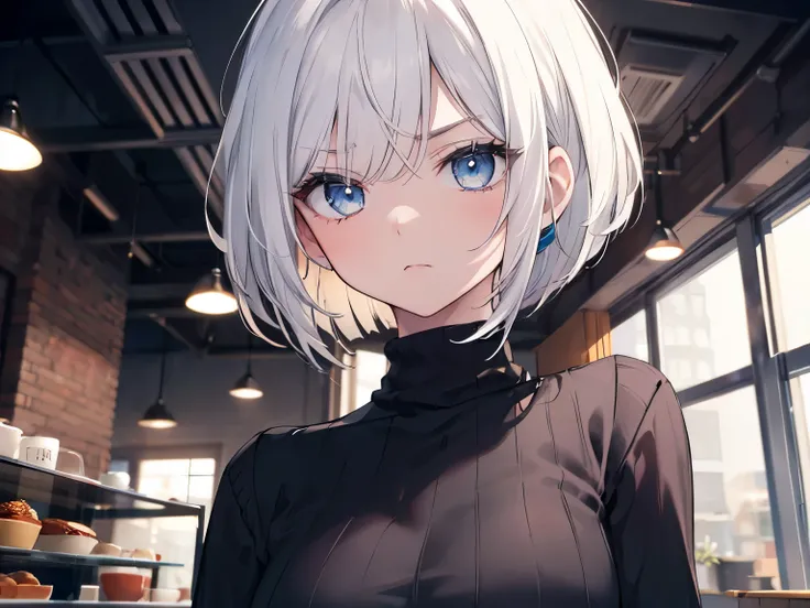 (serious, annoyed, closed mouth), 1girl, upper body, (eyelashes), (dark eyelashes), (eyeliner), blue eyes, ((asymmetrical bangs, hair behind ear, hair over one eyebrow, bob cut)), (white hair), medium hair, medium breast, (hopeless:1.05), (black sweater), ...