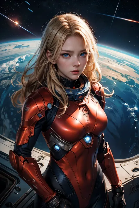 Image of her upper body up 。One beautiful woman。Twenty years old。 Blonde Blue Eyes 。Detailed drawing of the face。 shes staring at the camera with a defiant expression 。 shes wearing a red metallic combat suit 。 images of outer space and Mars floating there...