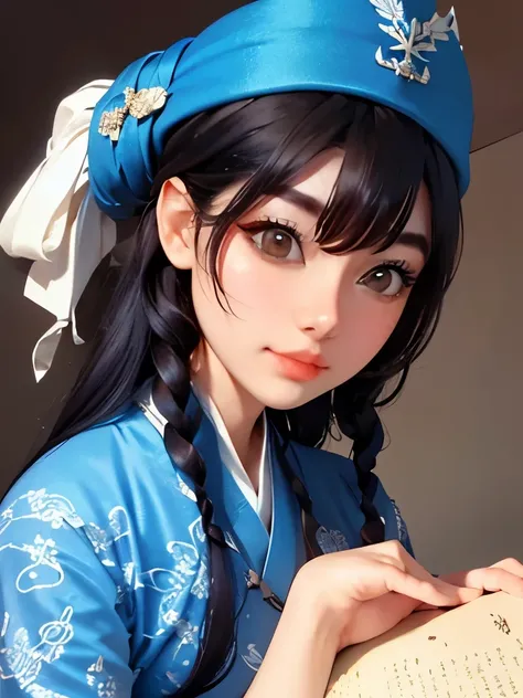 a close up of a woman in a blue dress with a hat, inspired by Jin Nong, inspired by Leng Mei, inspired by Pu Hua, very detailed and rich clothing, inspired by Li Mei-shu, palace ， a girl in hanfu, chinese costume, inspired by Qiu Ying, inspired by Lan Ying...