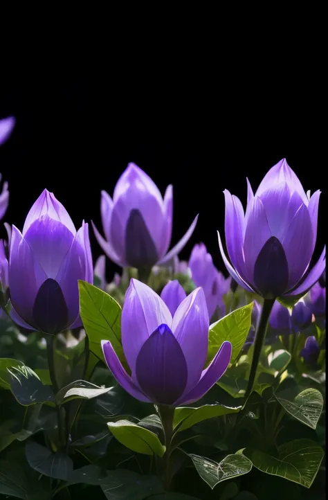 purple flowers with black centers in a garden with green leaves, purple flowers, glowing purple, purple glow, beautiful flower, violet flowers, soft purple glow, purple - tinted, violet flower, glowing flowers, beautiful flowers, purple and blue colored, m...