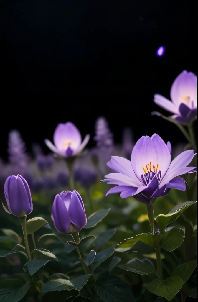 purple flowers with black centers in a garden with green leaves, purple flowers, glowing purple, purple glow, beautiful flower, violet flowers, soft purple glow, purple - tinted, violet flower, glowing flowers, beautiful flowers, purple and blue colored, m...