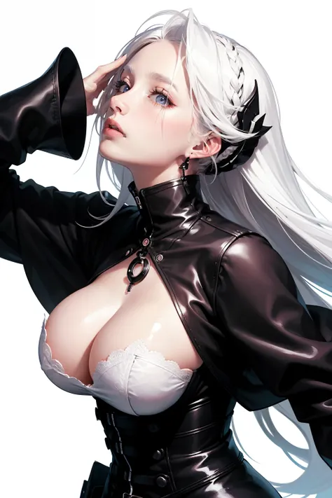 score_9,score_8_up,score_7_up,score_6_up, masterpiece, best quality, white background, black and white hair , monochrome, hair over eyes, girl, long hair, white hair,  from side, looking up, cleavage, round breasts,  nipples covered, see through cloths, 