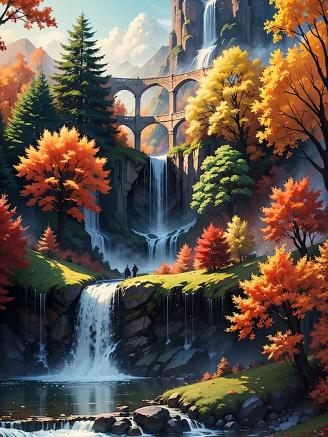  top quality　 Details　masterpiece　There are many red autumn leaves and yellow ginkgo trees around the big waterfall　There is a tree growing in the 　Photo style　 imaginary　Spectacular views　 dramatic production 　 fantasy standing in a church