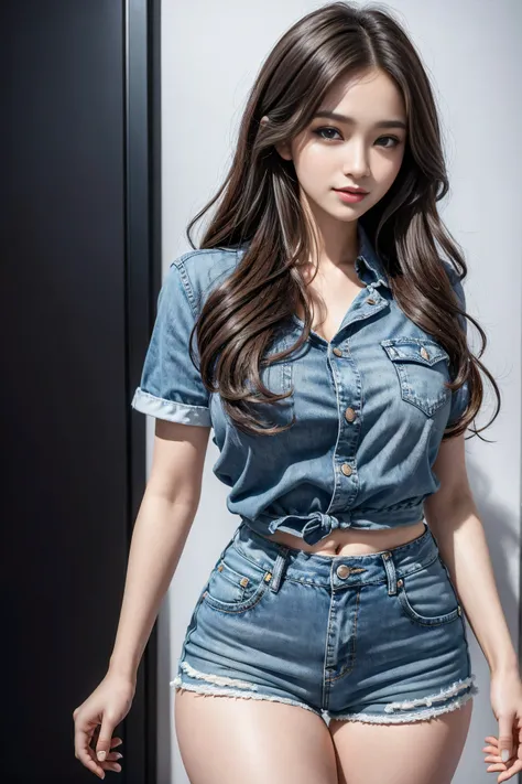  ( Extremely beautiful face ,  beautiful lips,  pretty eyes), Complex and detailed face, ((Super delicate skin))  1 plump girl ， Beautiful Korean girl ， K-pop idol ， super detailed，Hyper-Reality，Highly detailed CG illustrations， Official Art ， movie lights...