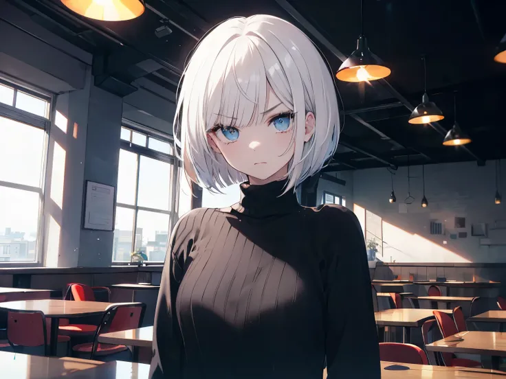 (serious, annoyed, closed mouth), 1girl, upper body, (eyelashes), (dark eyelashes), (eyeliner), blue eyes, ((asymmetrical bangs, hair behind ear, hair over one eyebrow, bob cut)), (white hair), medium hair, medium breast, (hopeless:1.05), (black sweater), ...