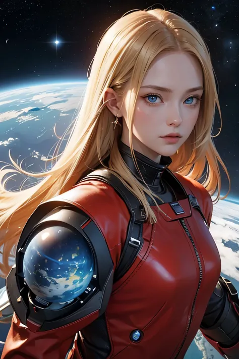 Image of her upper body up 。One beautiful woman。Twenty years old。 Blonde Blue Eyes 。Detailed drawing of the face。 shes staring at the camera with a defiant expression 。 shes wearing a red metallic combat suit 。 images of outer space and Mars floating there...