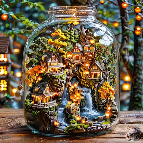 Tilt-shift photography, (masterpiece, superior quality, best quality), (ultra-detailed, absolute resolution), ((16k, high resolution)). (City in the heart of a giant tree). The city is integrated into the branches and trunk of a huge mystical tree, with h...