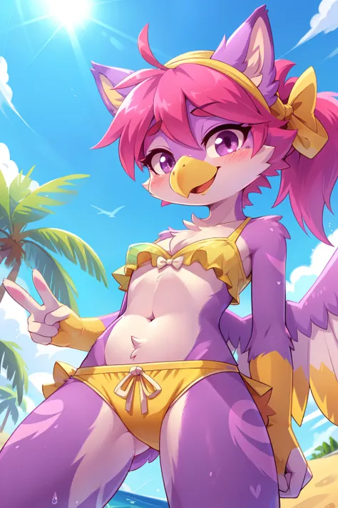 score_9,score_8_up,score_7_up, source_cartoon, source_furry, Furry girl, bird, yellow bird beak, magenta hair, short messy hairstyle, messy ponytail, anime style, small breasts, magenta eyes, big eyebrows, purple animal ears, ((bright yellow swim top and r...