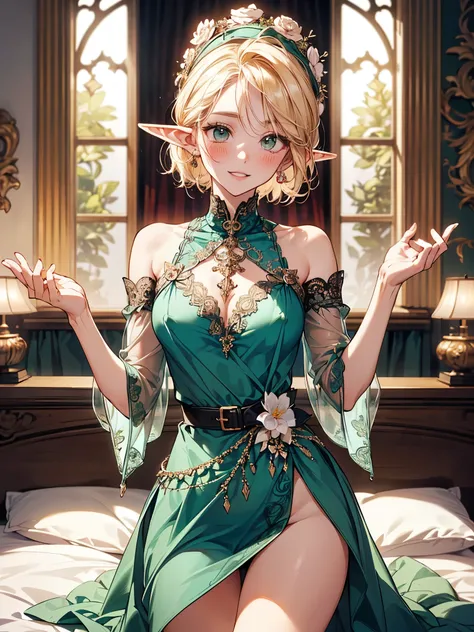 (( elf girl ))、((Elfs long, narrow ears))、((( sexy)))、(((Extremely narrow waist)))、(((slender body)))、Big Breasts、(((Im wearing a gorgeous accessory )))、cute、((1girl))、((Alone))、((( look at the camera)))、((Platinum blond short hair))、((Large flower head dr...