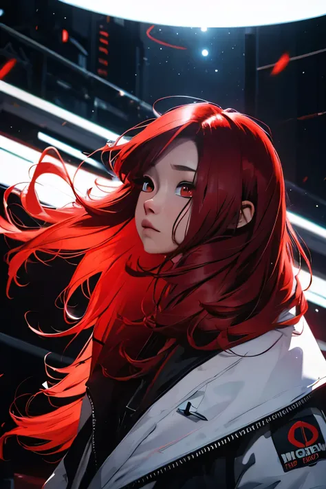 Science-fiction, red Hair, red Eyes, futuristic, Passing night landscape, A beautiful technician girl with, UHD Portrait, (High quality) (ultra details) Looking at the viewer in hip-hop style streetwear; different, colorfull, long hair, no hands.