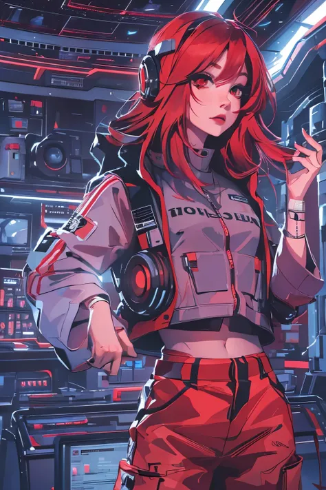 Science-fiction, red Hair, red Eyes, futuristic, Passing night landscape, A beautiful technician girl with, UHD Portrait, (High quality) (ultra details) Looking at the viewer in hip-hop style streetwear; different, colorfull, long hair, no hands.