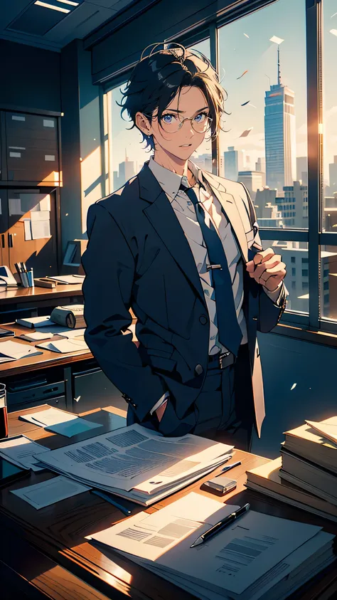 “A 42-year-old Japanese man in a dark business suit, with short, slicked-back black hair. He stands in a modern office, looking out of the window with a calculating expression. His arms are crossed, and behind him, there are papers scattered on his desk. T...