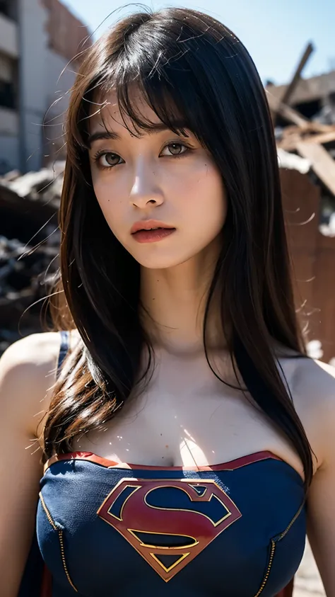 Supergirl, Beautiful Supergirl, Height : 152 CM, 4 feet 11 inches, 30 years old, Supergirl Trapped in the rubble of a destroyed building burning hot fire, midday, supergirl costume, long hair, hair bangs, Supergirl was sweating profusely, Supergirl had wet...