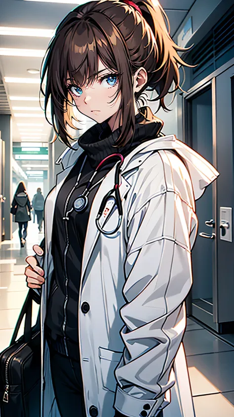 “A woman in her early 30s with shoulder-length brown hair tied back in a neat ponytail. She wears a white medical coat over casual clothing, with a small stethoscope around her neck. Her face is kind but shows signs of stress and exhaustion, with dark circ...