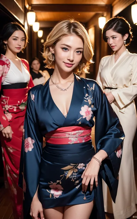 Noble Kimono, Kimono, firework, Blonde, Tattoos all over the body, Sexy Face, short hair, More than one person, ((Three women:1.5)), Three people lined up, Full body photo, Sexy Face, short hair, A look of complete lust, (((masterpiece))), ((highest qualit...