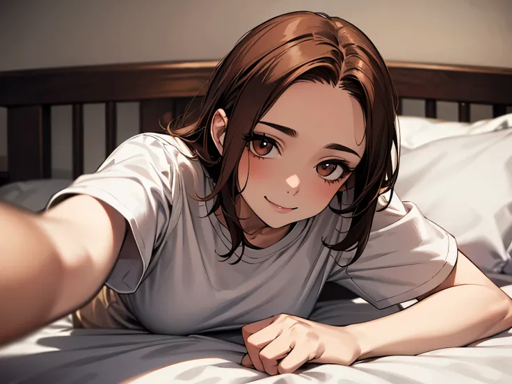  solo, woman, medium brown hair, tired hair, (forehead:1.2), brown eyes, genial smile, oversized white t-shirt, short pants, bed room, (lying on bed:1.4), hip closeup, selfie