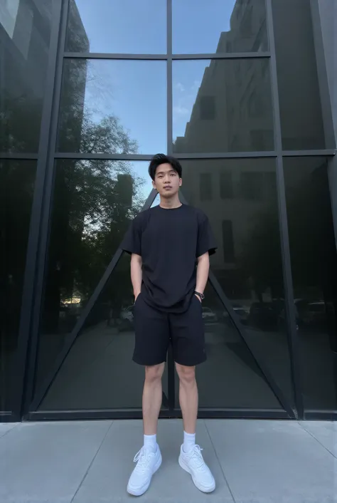 A Korean man, 25 years old, with slicked back hair stands casually in front of a modern glass building with dark black reflective windows. The building has a unique angular design with a black metal frame structure like a grid. The man is wearing a black t...