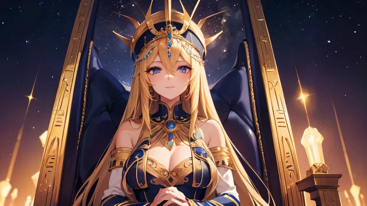 A beautiful girl with long, flowing blonde hair, wearing an ornate pharaoh hat adorned with gold and lapis lazuli accents, exuding an aura of royalty and mystery. She sits gracefully on a majestic throne, intricately carved with ancient Egyptian motifs, he...