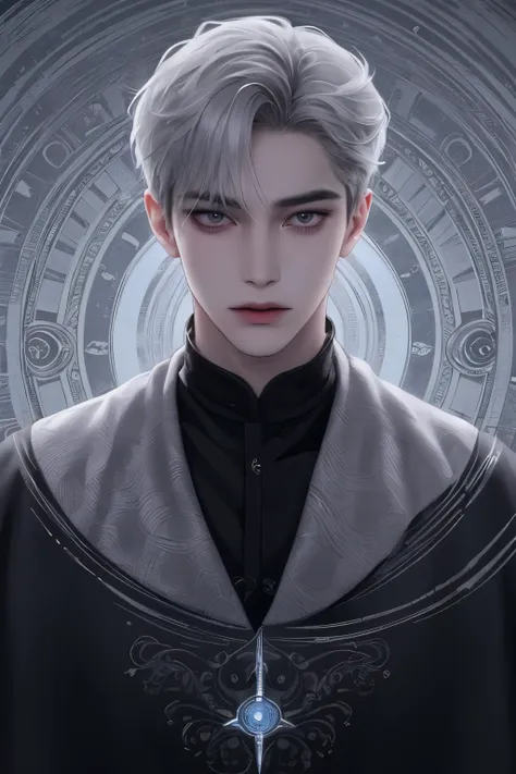 boy, 25 years old, short silver hair ,  sharp eyes,  white skin , ((Hypnotic magic )), (( black sharp eyes))