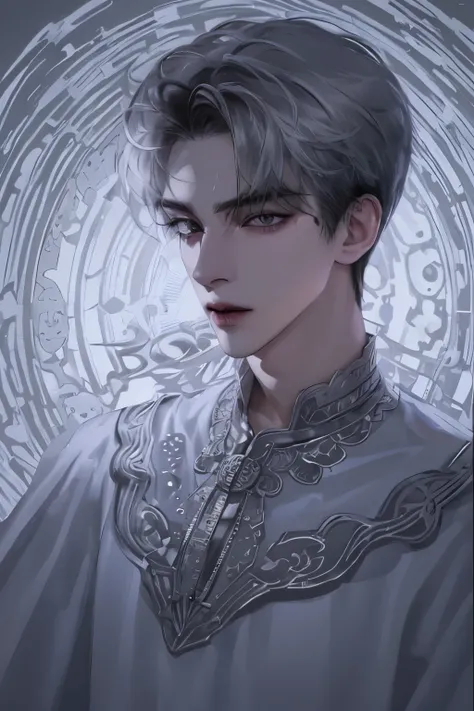 boy, 25 years old,  very short silver hair,  sharp eyes,  white skin , ((Hypnotic magic costume )), (( black sharp eyes))