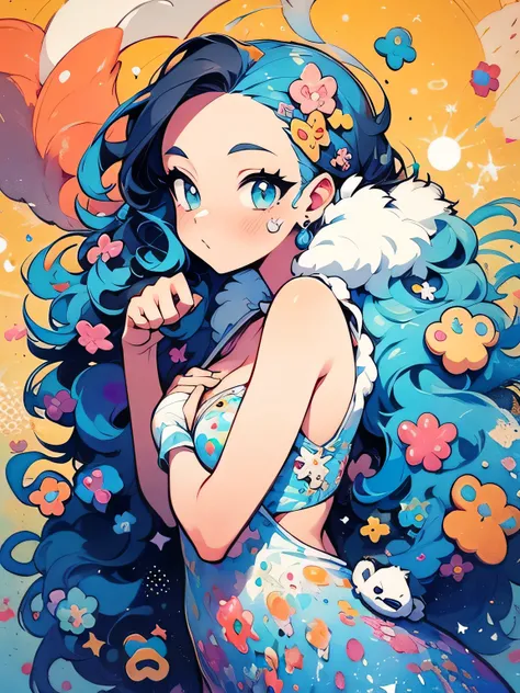 sideview,alone,upperbody,white wavy medium hair,forehead,makeup,gloss eyeshadow,yellow far animal sexy dress,Fur bikini, beautiful breast,paw pose,cute face,colorful cute polka dot background、 wonderland 、（ I am the protagonist:1.3）、like a painting、waterco...