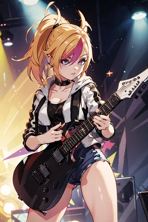 realistic:1.2, Rocker girl wearing a leather jacket,slim body shape、Normal bust size,  full body shot, １two electric guitars, clothes with spikes,white tank top、Navel exposed、low rise leather shorts,tattoo,earrings dark lipstick, blue eyes,blonde twintail ...