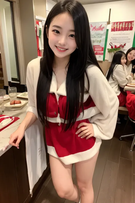  empty Christmas party venue、 standing、 a female high school student、cute trendy red clothes、 miniskirt、Long black hair、 cute face、 idol style、 smiling 、Full body portrait