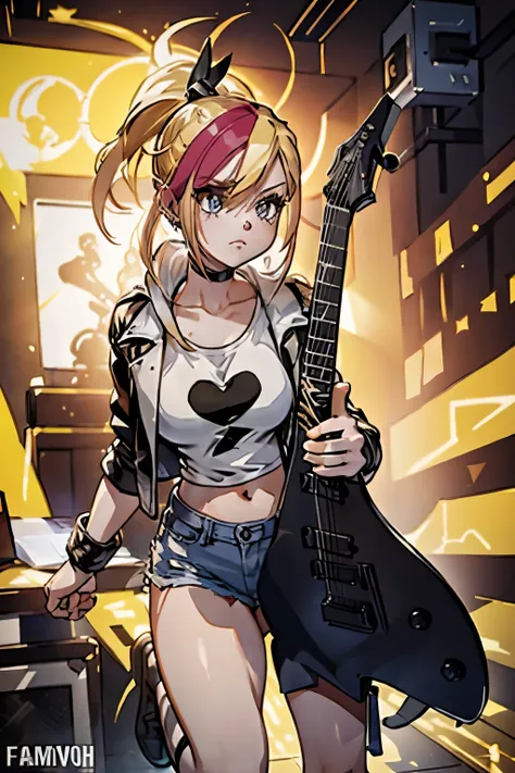 Rocker girl wearing a leather jacket,slim body shape、Normal bust size,  full body shot, １two electric guitars, clothes with spikes,white tank top、Navel exposed、low rise leather shorts,tattoo,earrings dark lipstick, blue eyes,blonde twintail hair,black ribb...