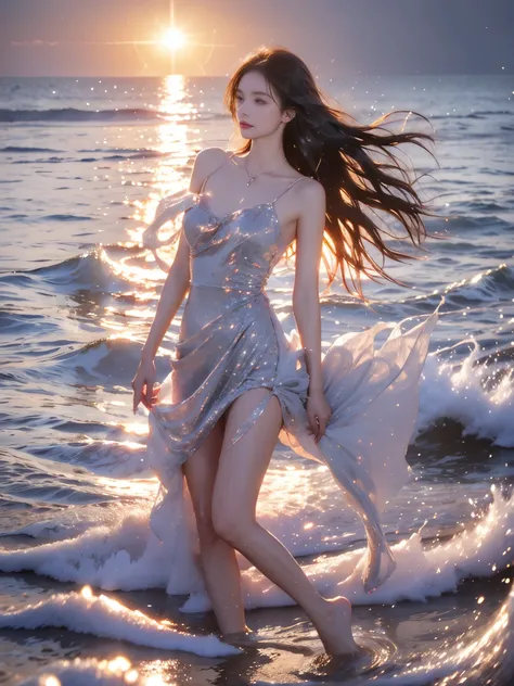 dress,, (photorealistic:1.2), professional photography of a beautiful female model lying where ocean meets beach, (waves washing over body:1.3), full body shot, wet skin glistening, long slender legs, perfect leg anatomy, (water splashing:1.2), (wet hair:1...