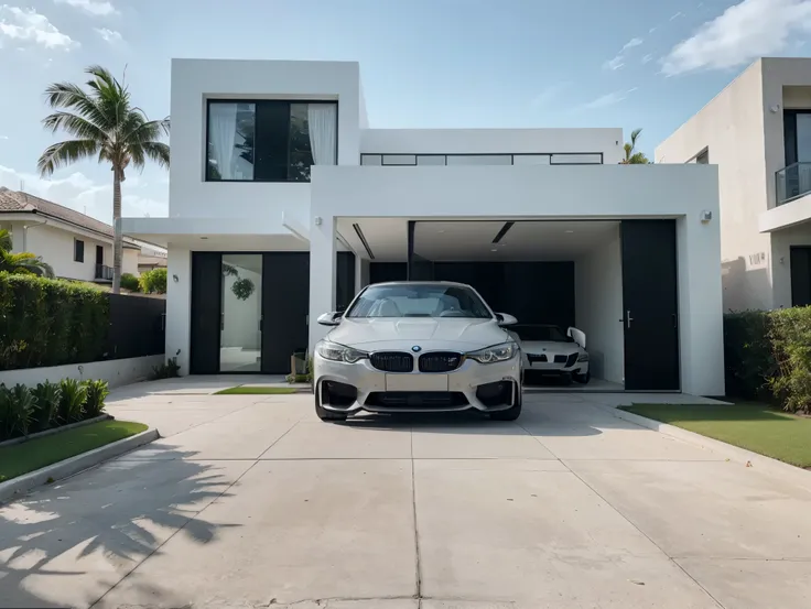 a modern, minimalist home with large glass windows and sleek architectural design, set against a clear blue sky. On the right side of the house, a silver BMW M4 is parked discreetly on the driveway, blending into the background without drawing attention. T...