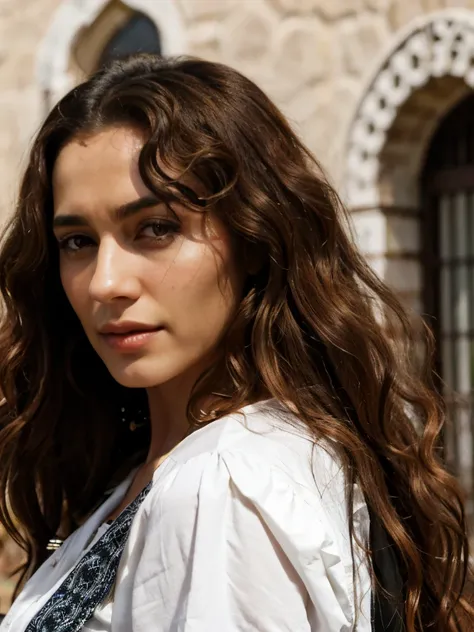  Woman with curly long brown hair , realistic, With a dark look  ,  of North African origin 