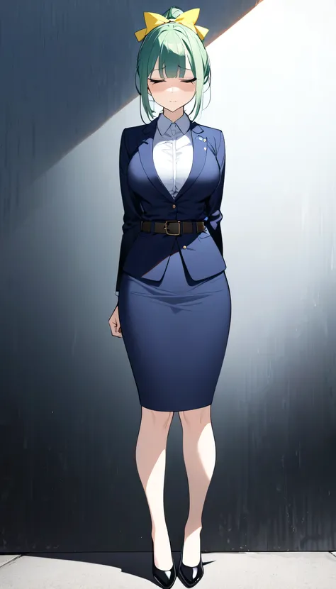 Misuke Iijima、。1 Girl、Alone、OL,woman、 green hair、 shorthair、 ponytail、 yellow ribbon 、Hair Bows、 Sad face、 full body style that reflects your whole body、 normal breasts、 narrow waist 、Bare legs、Standing beautifully、 in a suit、 navy blue jacket , collared s...