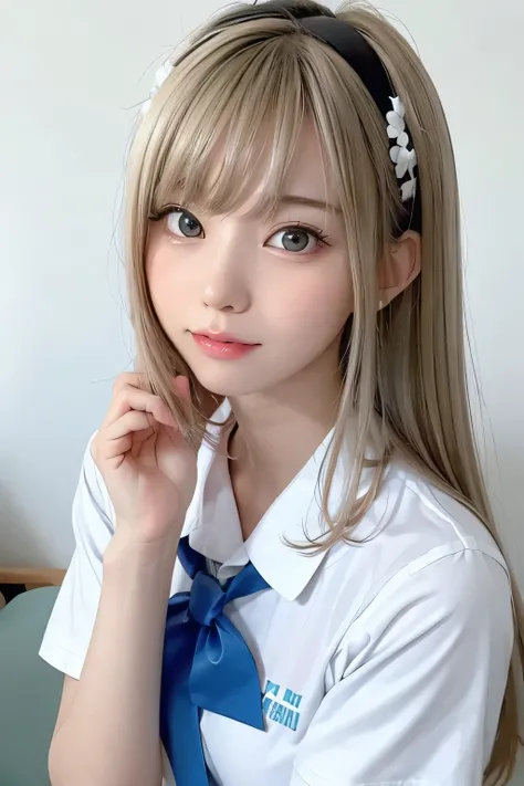  Hatsune Miku 、 one girl ,   portrait, 【Contemporary, The most beautiful girl in the world  、 realistic ratio 、 glossy lips、The big eyes are a beautiful light blue color.、 has dazzling super blonde hair that shines beautifully、 super long straight hair 、Me...