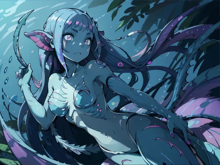 She has fish-like scales all over her body, thin purple reptilian eyes, and ears like fish gills. A girl with long dark blue hair. She looks like a mermaid. Her face is also covered with scales. She has two legs. Her skin is bluish purple and covered with ...