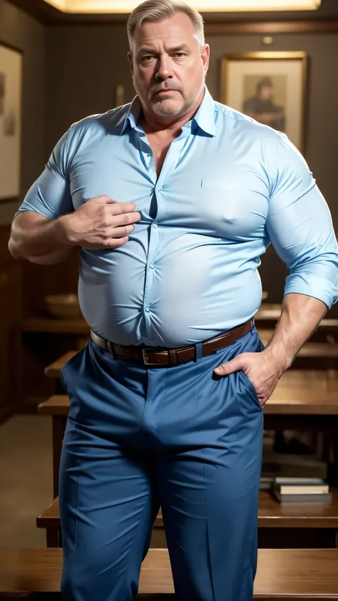 (best quality,4k,8k,highres,masterpiece:1.2), age 60, white man detective , horny disgusting, muscular chubby, kind, open blue shirt , mature daddy, Dress Pants with big hard bulge, hairy chest hard nipple, belt, loafer,