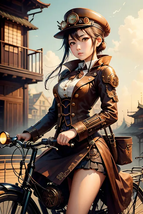 ( top quality:1.2)。steampunk。 one girl。 steampunk Japanese high school girl 。Panic look。 riding a steampunk bicycle 。Shes about to be late 。 The background is a steampunk Japanese cityscape。