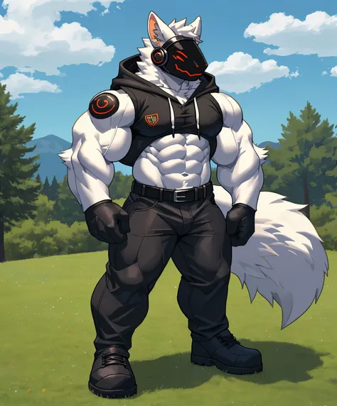 ((protogen head_big white fluffy tail_white fur_while furry body_thick white furry muscles_white muscular furry arms_red LED_very big_super hot_very muscular_super sexy)) ((black sleeveless hoodie_black collar_white pants_black belt_black gloves_black boot...