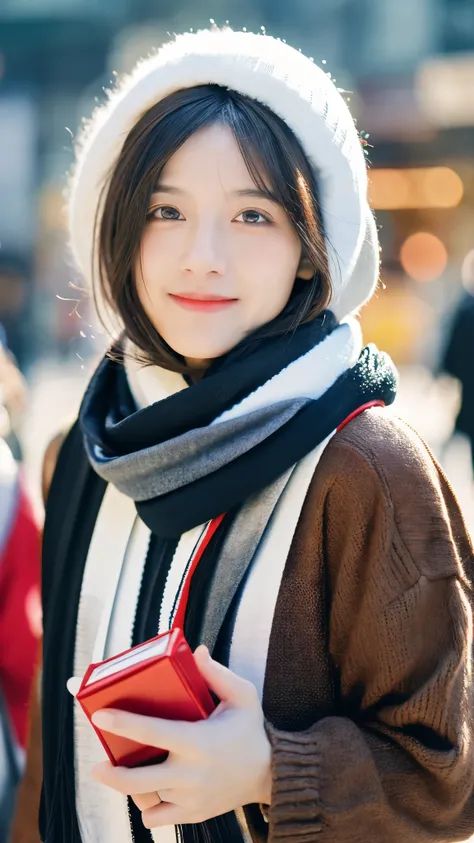 ( Award-winning ,  face focus :1.4,High definition 8K,  Ultra Quality:1.3), ( photorealistic:1.4),   rough street fashion , black hair short hair:1.3,(( knitted hat with hoodie and scarf , red pleated mini skirt ,)), masterpiece on penis , Breast up , high...