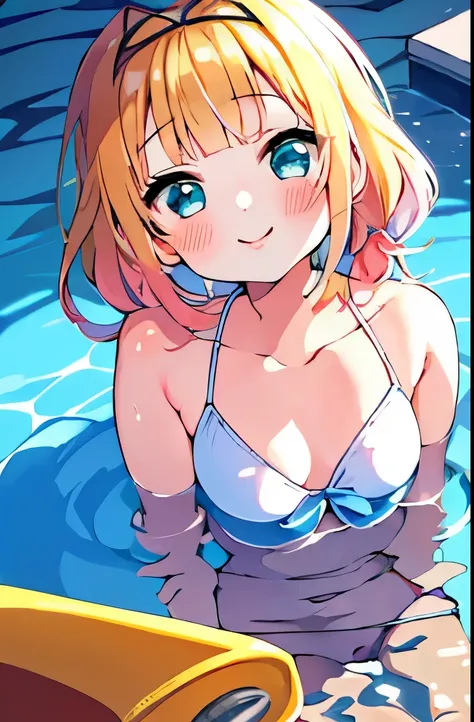 ((masterpiece)), ((best quality)), (ultra-detailed), pool, a cute girl, 1girl, solo, bikini, ((beautiful eyes)), smile