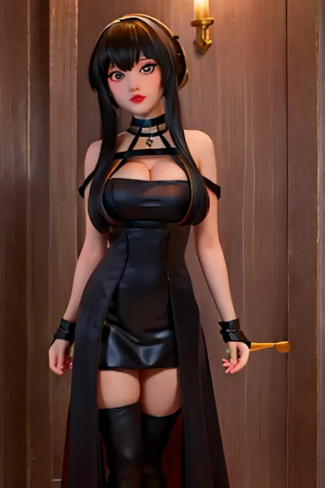 , pov, spy x family yorbriar, long black hair,  alternate costume, bangs, black choker, cleavage, black dress, bare thigh, standing, cool posing, dark place, {{1lady solo}}},, plump lips, red lips