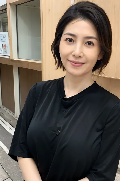  Japanese ,45 years old、Beauty,(( Big Breasts )),smile,(((Beautiful clothes))),cute, standing, camera ,Genuine,(Freckles),  detail face opening the vagina ,(((  black hair ,date))),Wrinkles around the eyes, High Solution, street,  sunny day,  perfect eyes,...