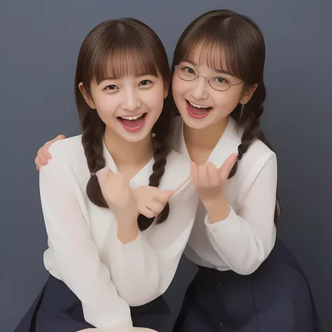 (Highest quality, masterpiece:1.2), Highest quality, High resolution, 1080P, 8k, (Two 13yo Japanese slender 清楚美少女アイドル are seated and give strong subliminal sexual invitation and temptation, cute skirt with beautiful knees, looking at the viewer, viewers fi...