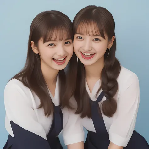 (Highest quality, masterpiece:1.2), Highest quality, High resolution, 1080P, 8k, (Two 13yo Japanese slender 清楚美少女アイドル are seated and give strong subliminal sexual invitation and temptation, cute skirt with beautiful knees, looking at the viewer, viewers fi...
