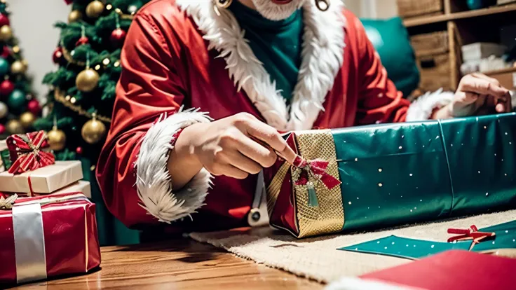 A close-up of Santas workshop with elves crafting toys, wrapping presents, and laughing amidst vibrant decorations. 