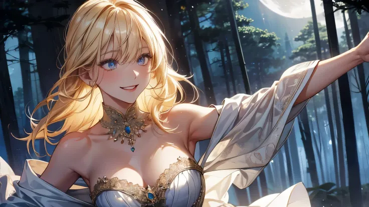 The wallpaper is a moonlit forest. A blonde girl is dancing. She is wearing revealing sexy clothes. The girl is smiling on white skin. Her gaze is looking straight ahead.