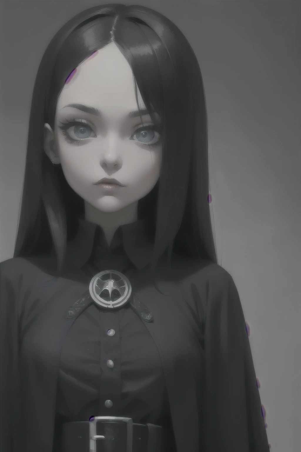 Ren is a captivating fusion of Raven from Teen Titans and Wednesday Addams from the Addams Family. Her long, jet-black hair, occasionally adorned with a subtle streak of purple or dark blue, falls gracefully over her flawless, porcelain-like complexion. Re...