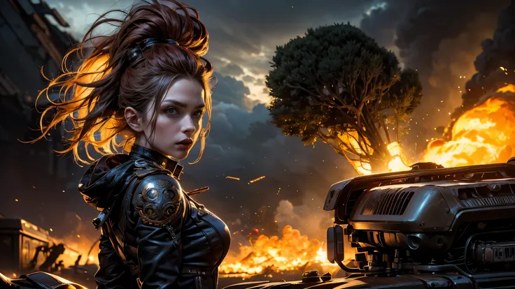 (  masterpiece ,  best quality),  A breathtaking young woman wearing long leather garments , always in the foreground ,  radiant hair flowing in various punk-style colors  , dressed in the Mad Max style :  a leather pilot hat adorned with intricate ornamen...