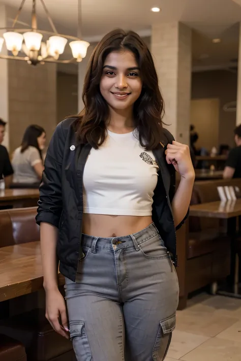 ((best quality)), ((masterpiece)), (detailed), 
A beautiful 21 year old indian slim girl wearing t shirt jacket and cargo pant with smiling face beautiful eyes standing with another muscular boy very handsome wearing mens shirt and jeans pant in a restaura...